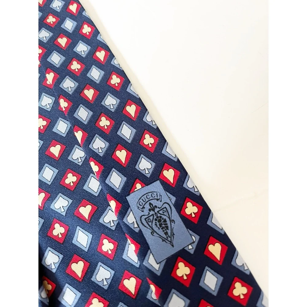 Gucci blue/red/gold card print silk tie